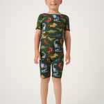 Boy wearing the Dino Forest bamboo short pajama set