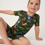 Seated boy in Dino Forest dinosaur-print bamboo pajamas