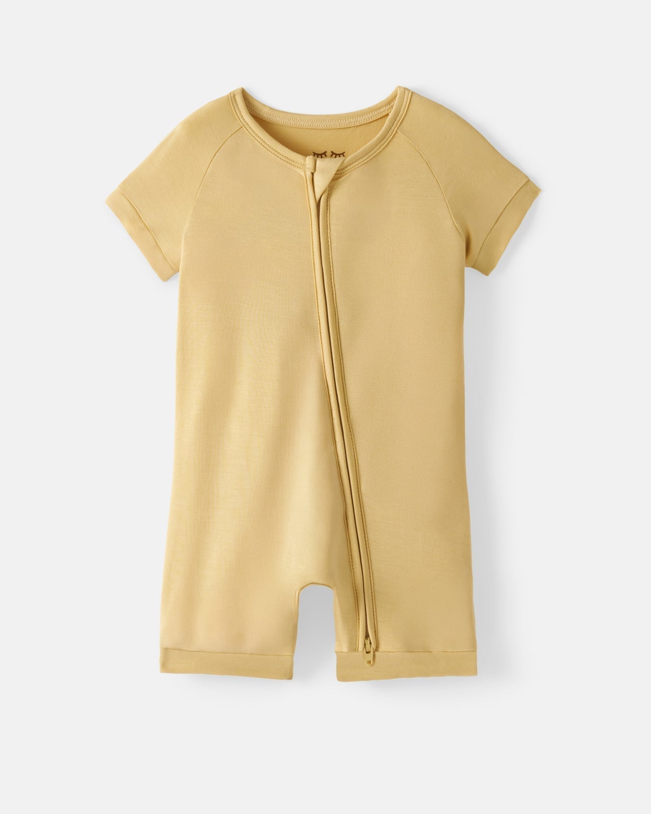 Front view of the Sunglow yellow baby bamboo shorty zippy pajamas